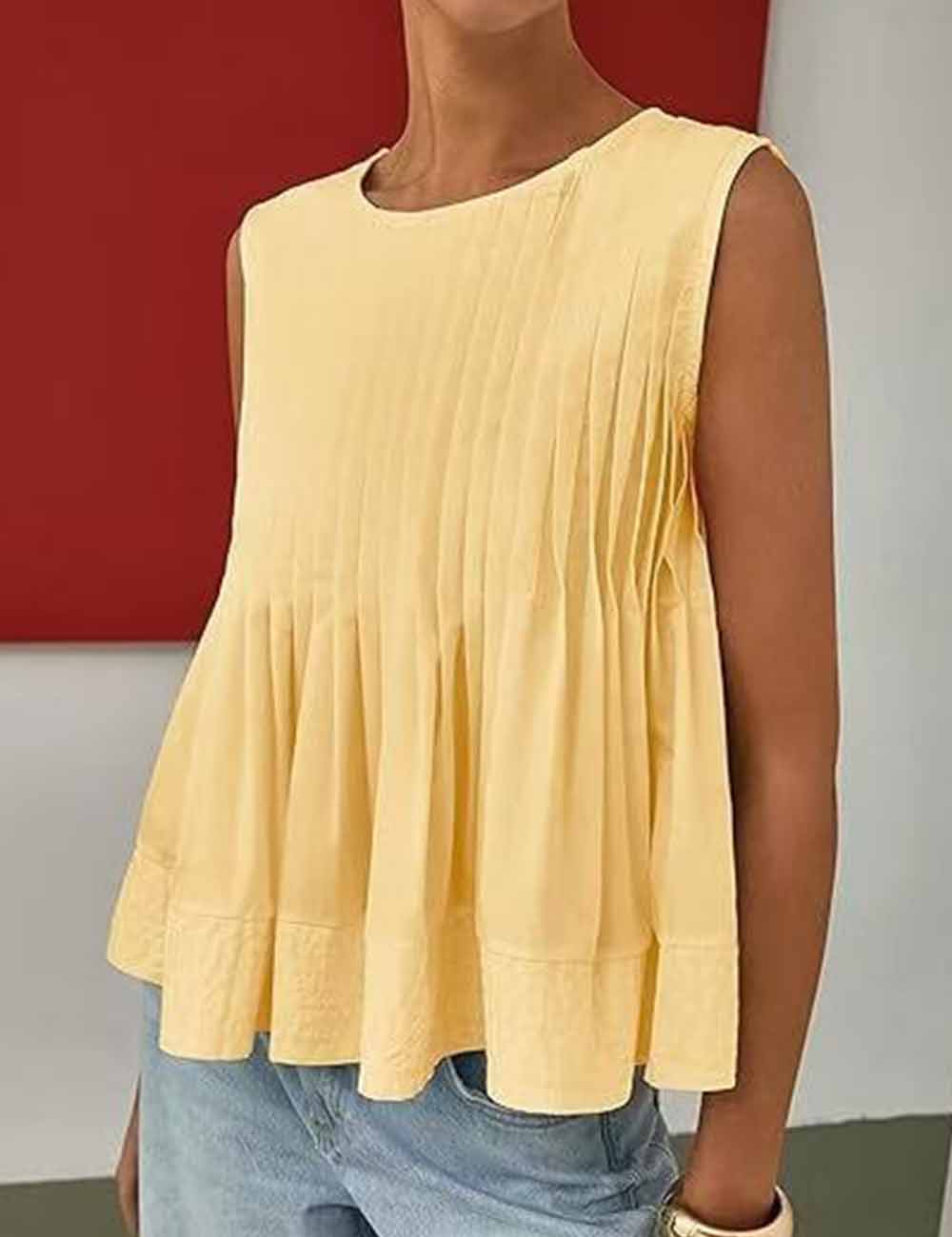 Ladies Solid Color Pleated Sleeveless Tank Top