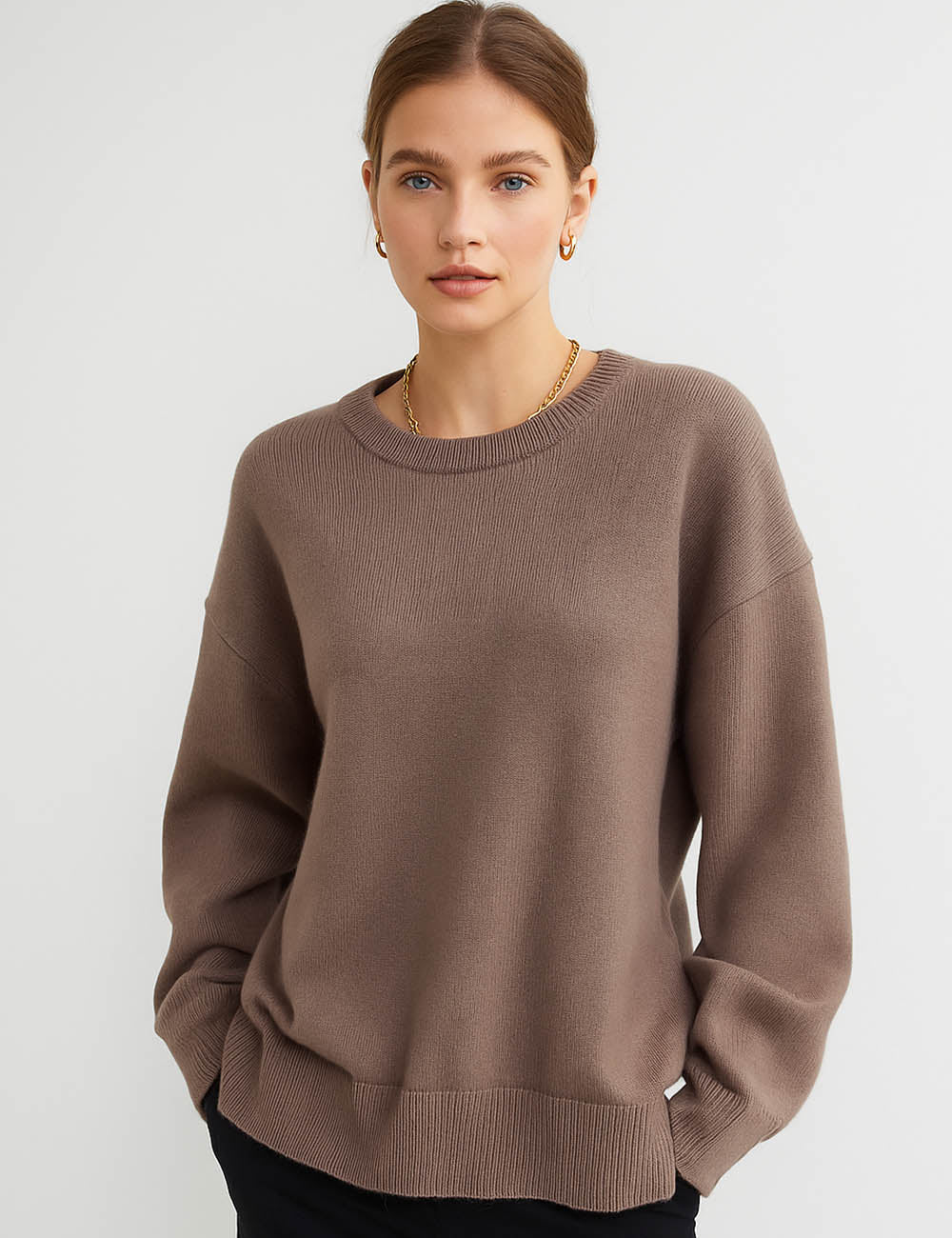 Ladies Solid Color Ribbed Hem Long Sleeves Sweater