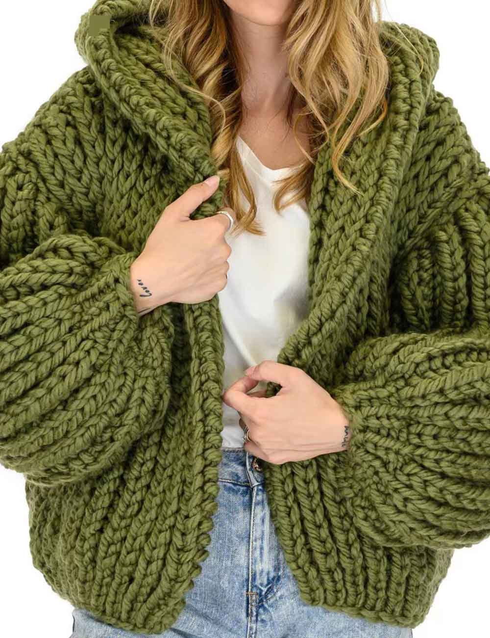 Ladies Solid Color Lantern Sleeves Cable Hooded Chunky Knit Cardigan