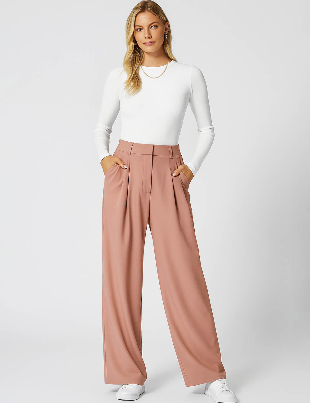 Ladies Solid Color Pleated Trousers Pocket Wide Leg Pants