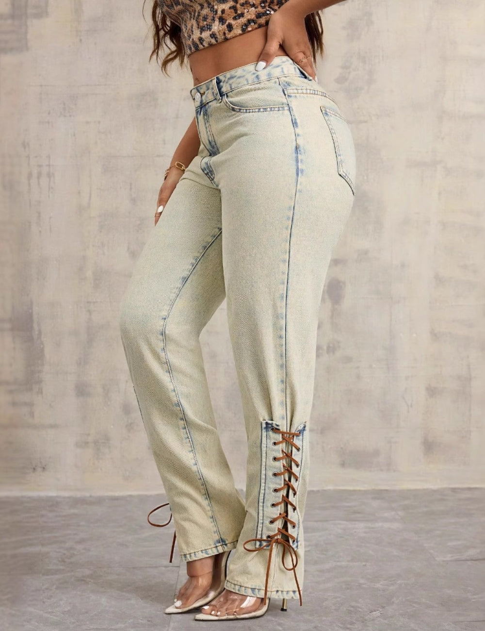 Ladies Legging Jeans String Tie Straight Leg Denim Pants