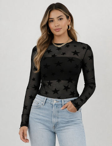 Ladies Chic Star Mock Neck Sheer Mesh Long Sleeves Layering Top