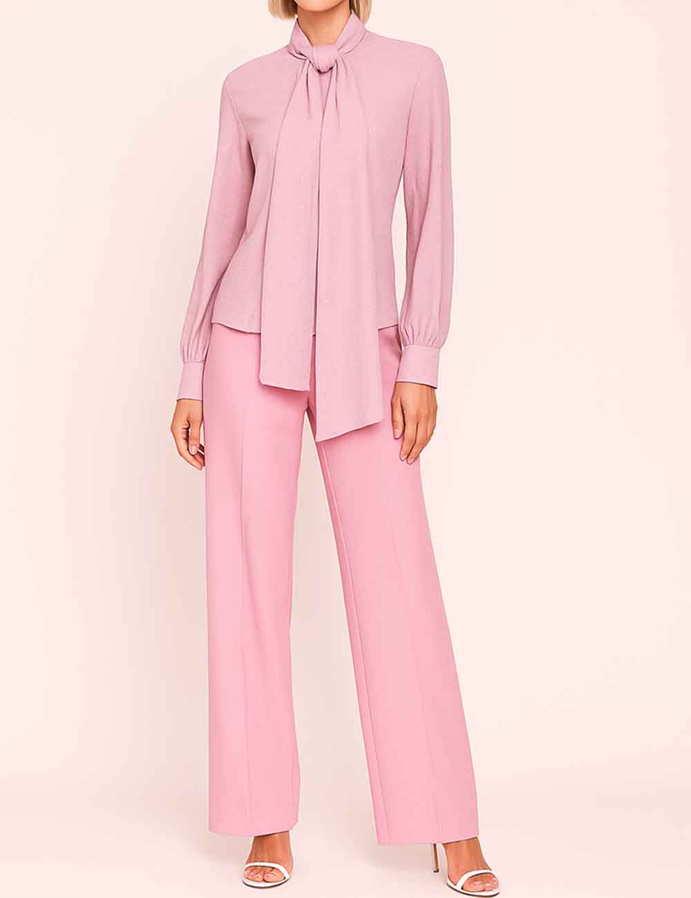 Ladies Rhinestone Tie Neckline Blouse Top & Pants Set