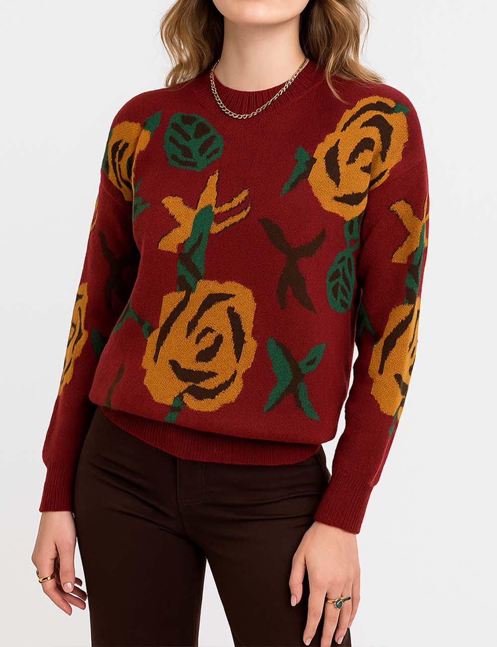 Ladies Multi Color Floral Print Long Sleeves Knit Sweater