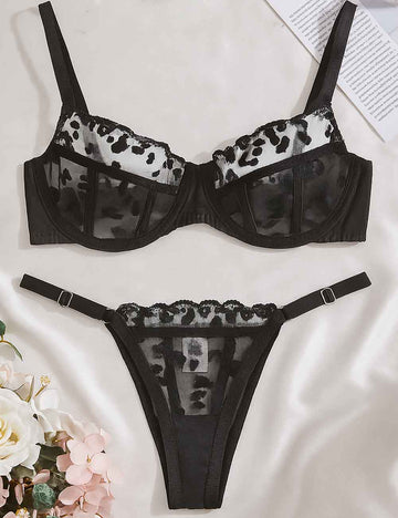 Ladies Heart Embroidery Sheer Mesh Lingerie Set