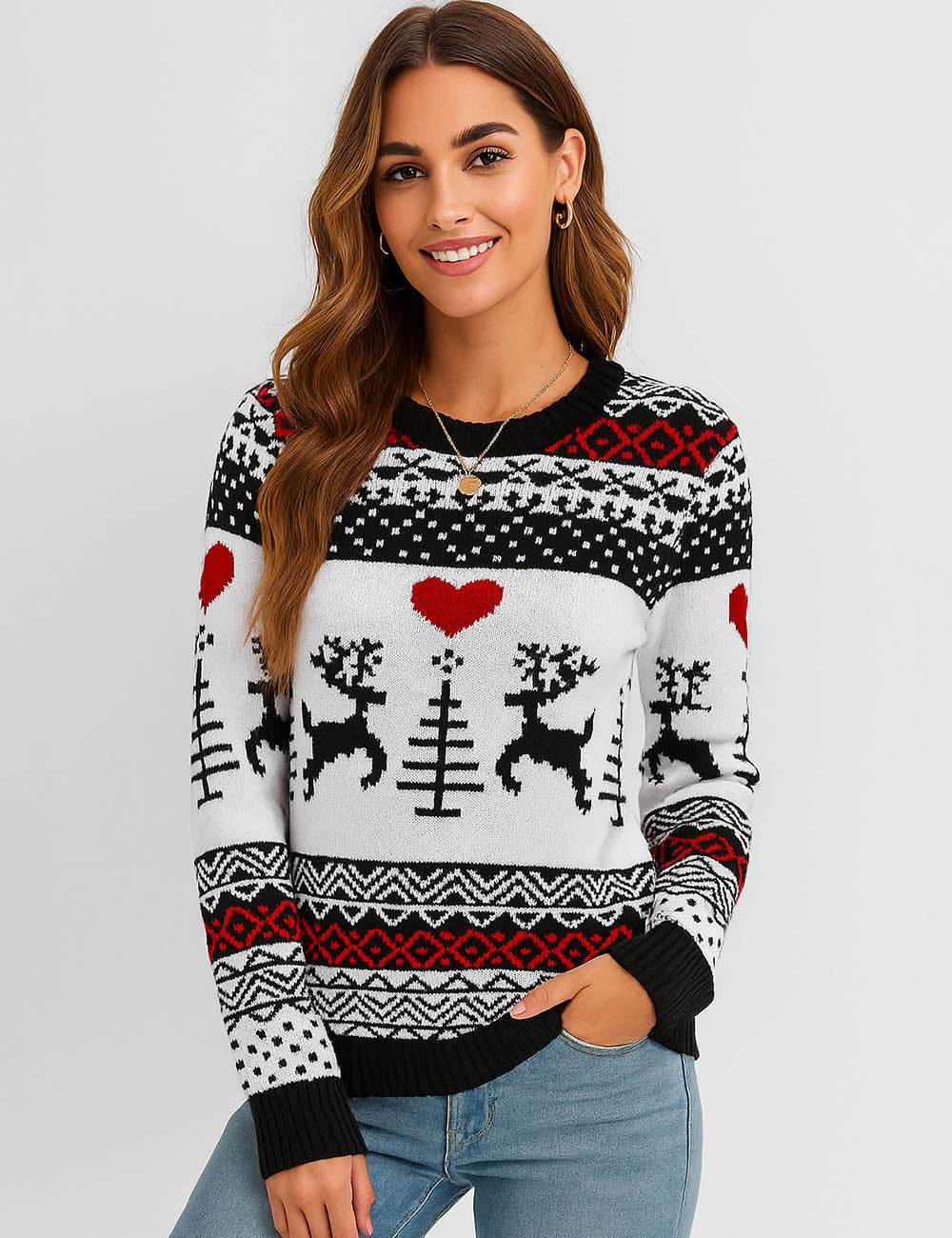 Ladies Reindeer Heart Christmas Pattern Knit Sweater