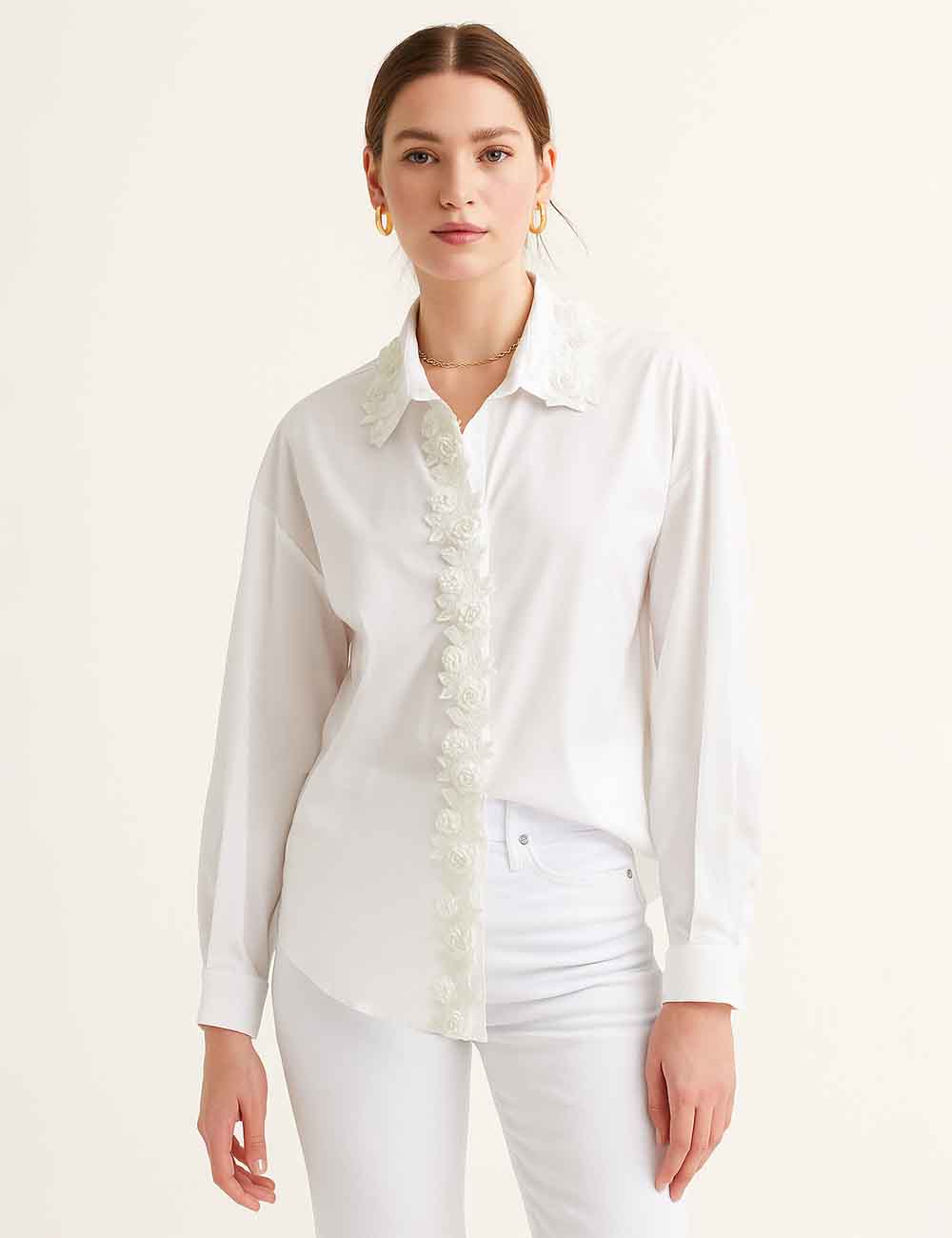 Ladies White 3D Flower Trim Button Down Shirt