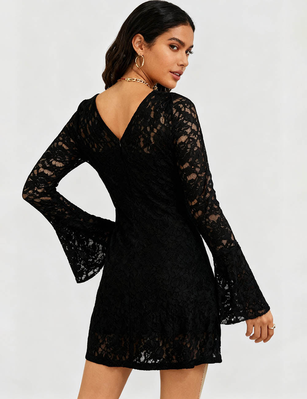 Ladies V-Neck Bow Tie Flared Sleeves Sheer Lace Mini Dress