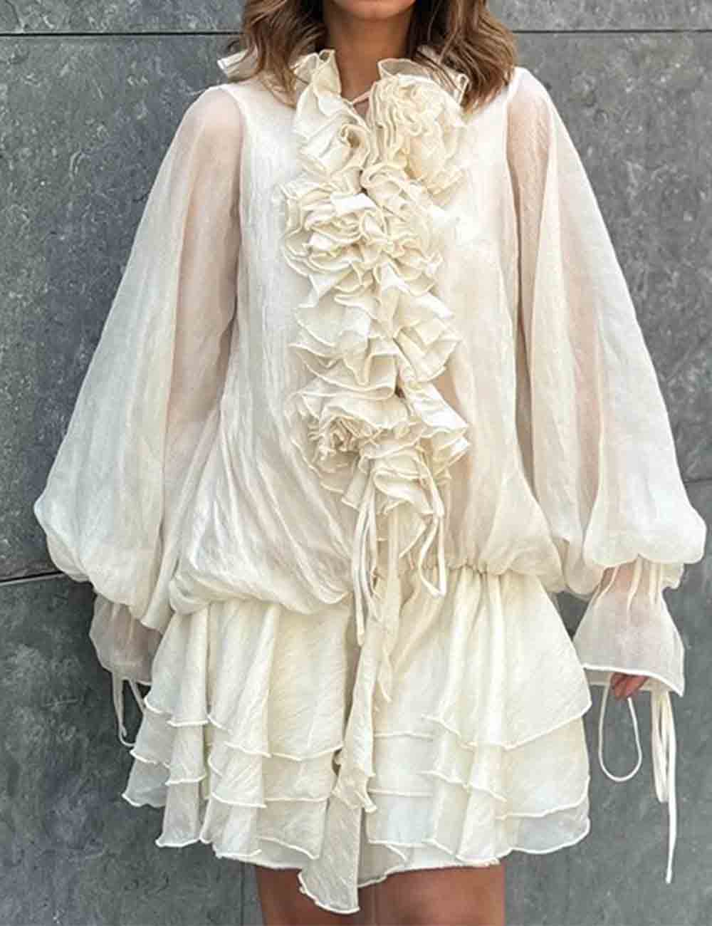 Ladies Solid Color Lantern Sleeves Rose Splice Mini Dress