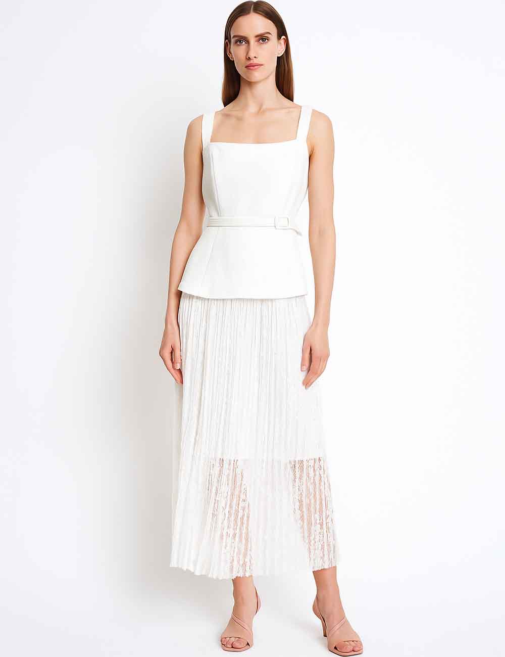 Ladies Square Neck Sleeveless Floral Lace Belted Maxi Dress