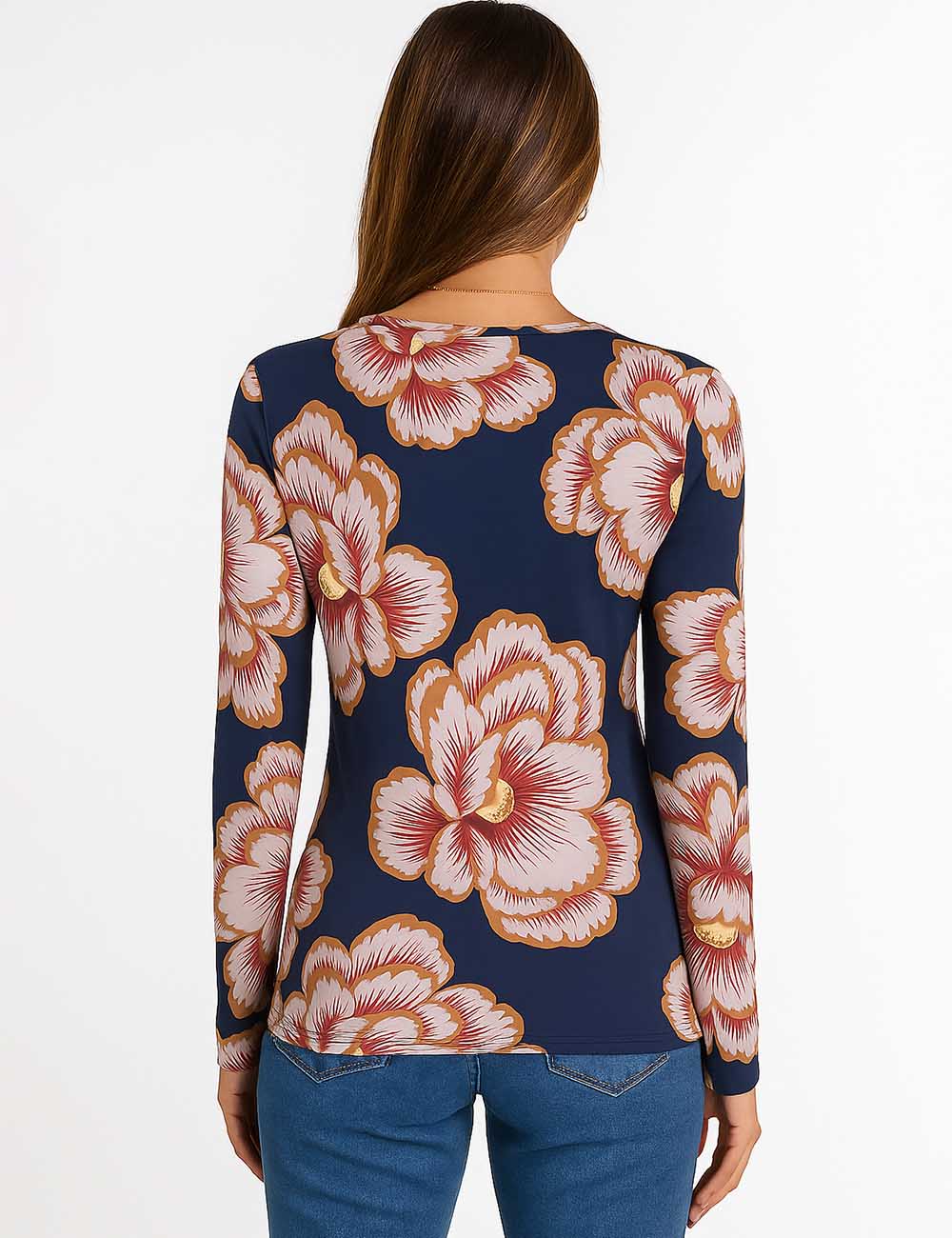 Ladies Contrast Floral Print Round Neck Long Sleeves Top