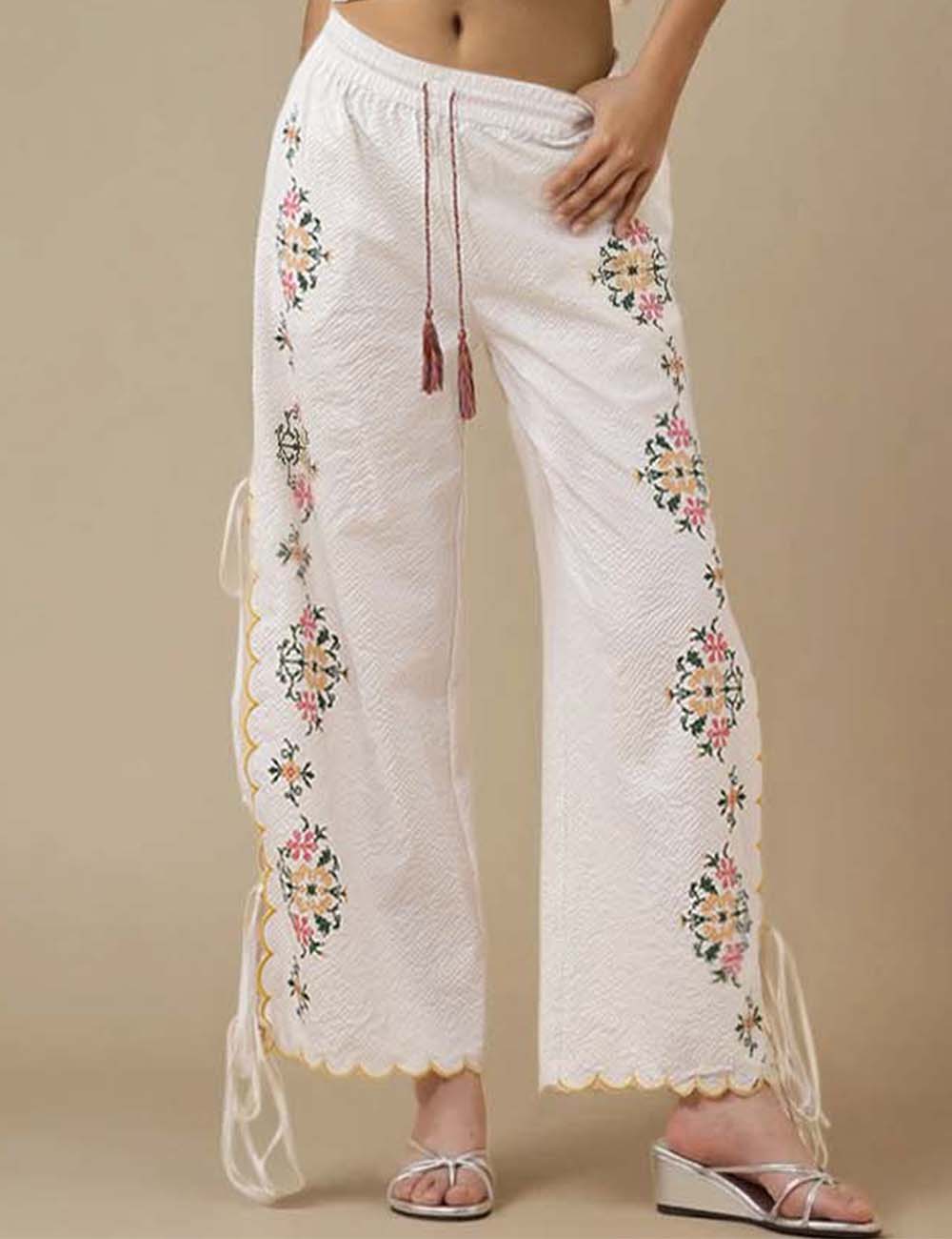 Ladies Elastic Waist String Tie Floral Embroidery Pants