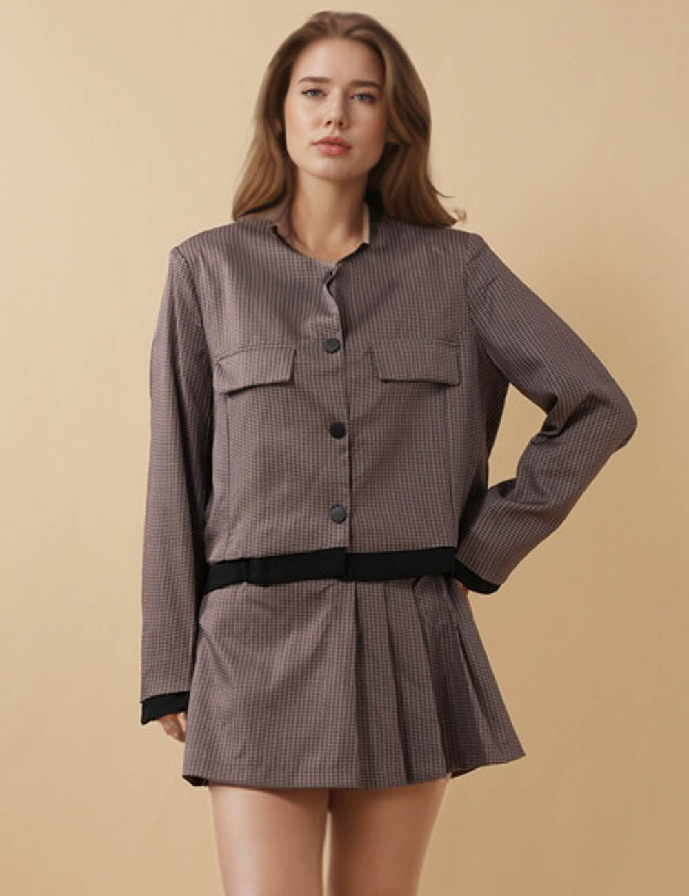 Ladies Round Neck Cropped Checked Blazert Skort 2PCS 8SKST51362