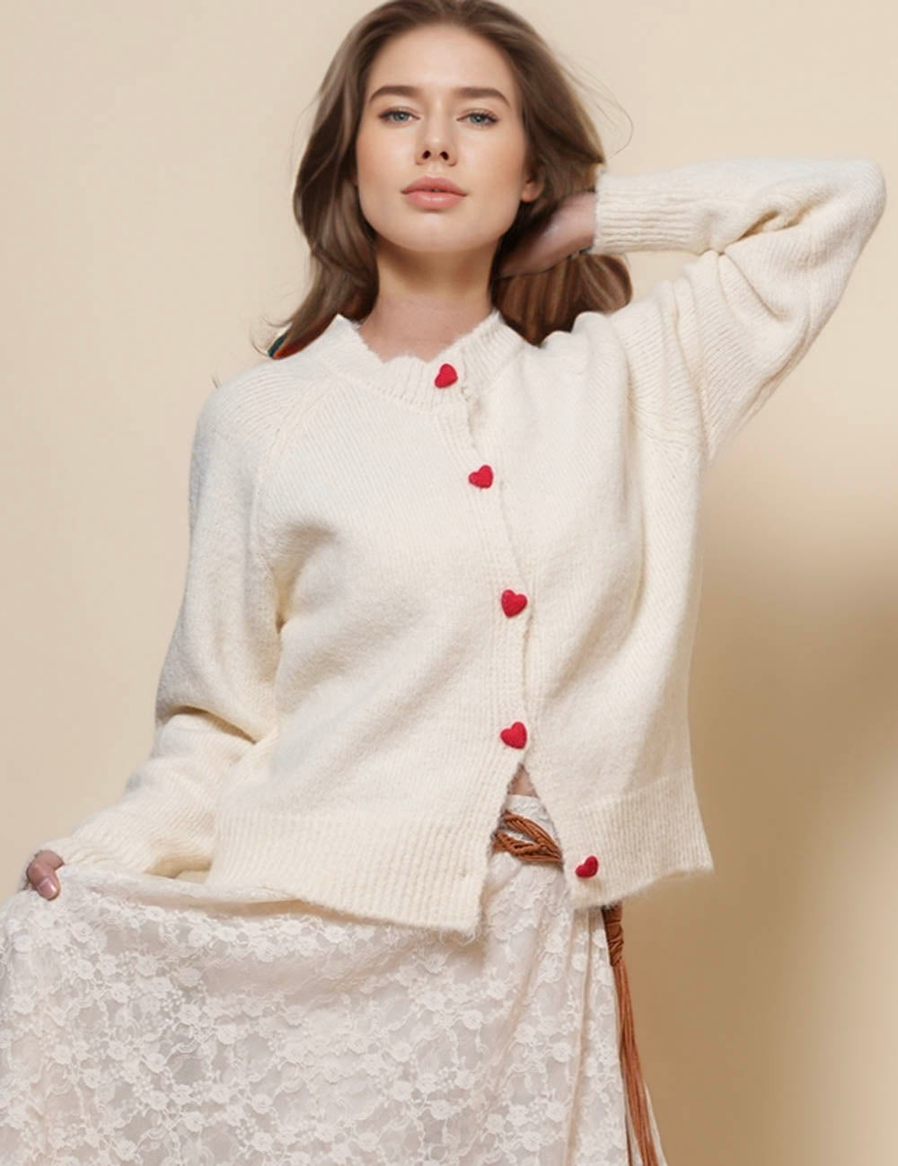 Ladies Long Sleeves Heart Button Knit Cardigan SKT50162