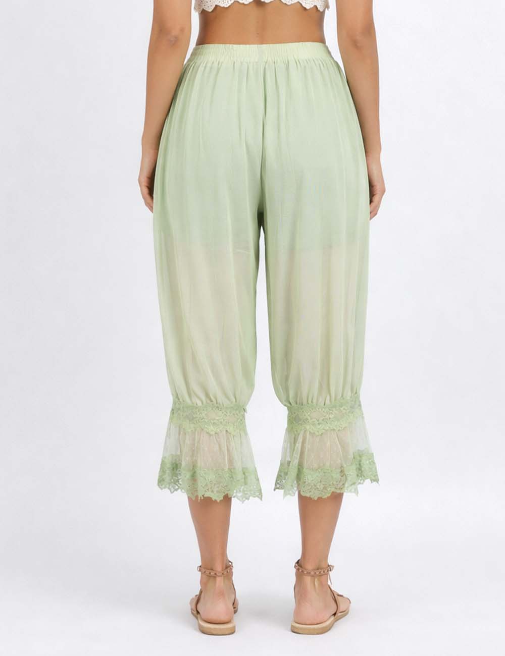 Ladies Sheer Lace Trim Bloomer Drawstring Waist Capri Pants
