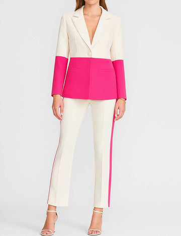 Ladies Color Block Notched Lapel Flared Leg Blazer & Pants Suit