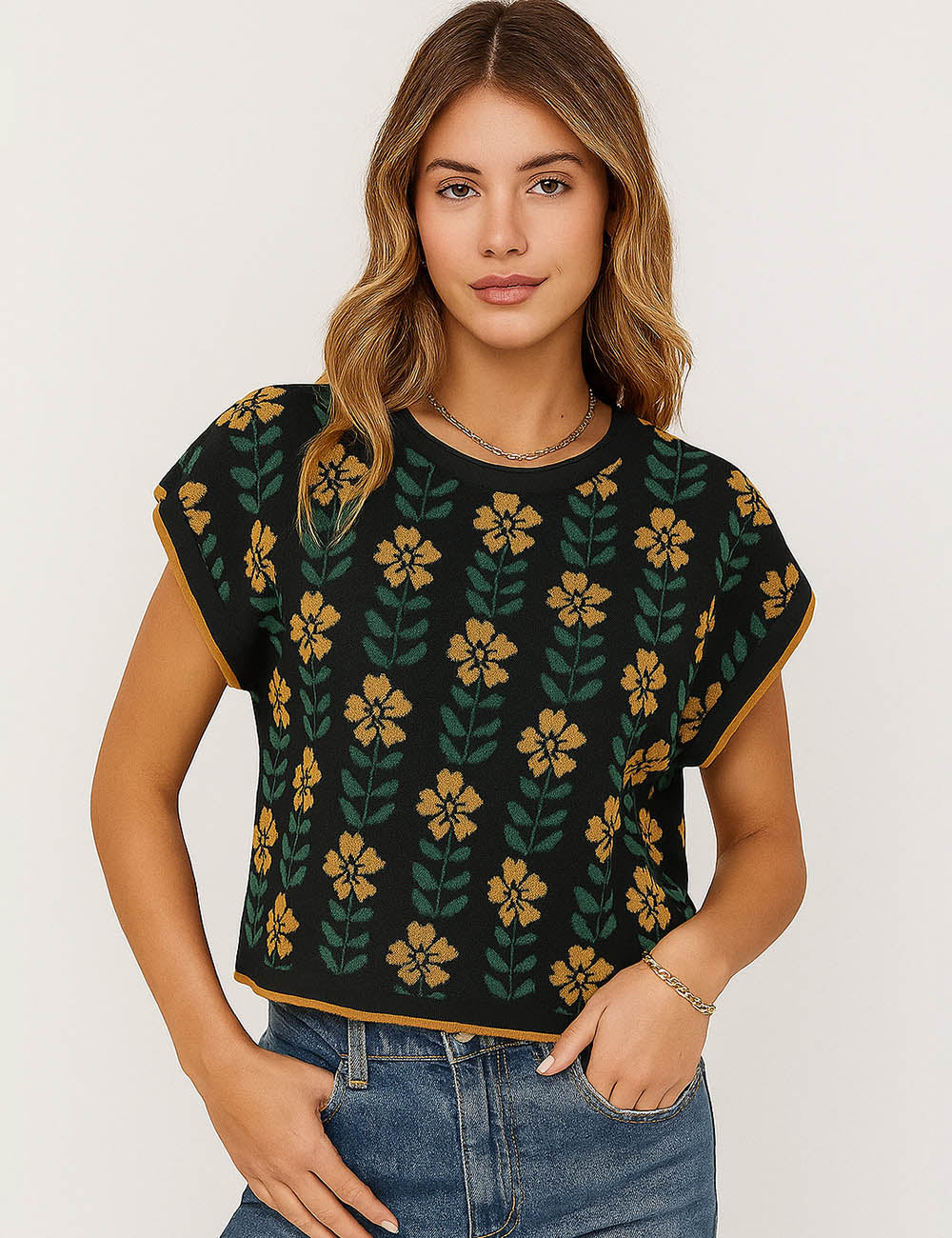 Ladies Vintage Floral Jacquard Cap Sleeves Sweater Vest