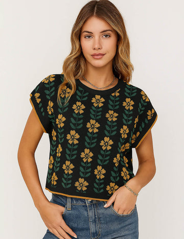 Ladies Vintage Floral Jacquard Cap Sleeves Sweater Vest