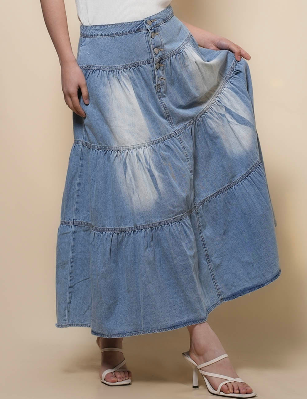 Ladies Waist Botton Closure Denim Midi Skirt SKS50109