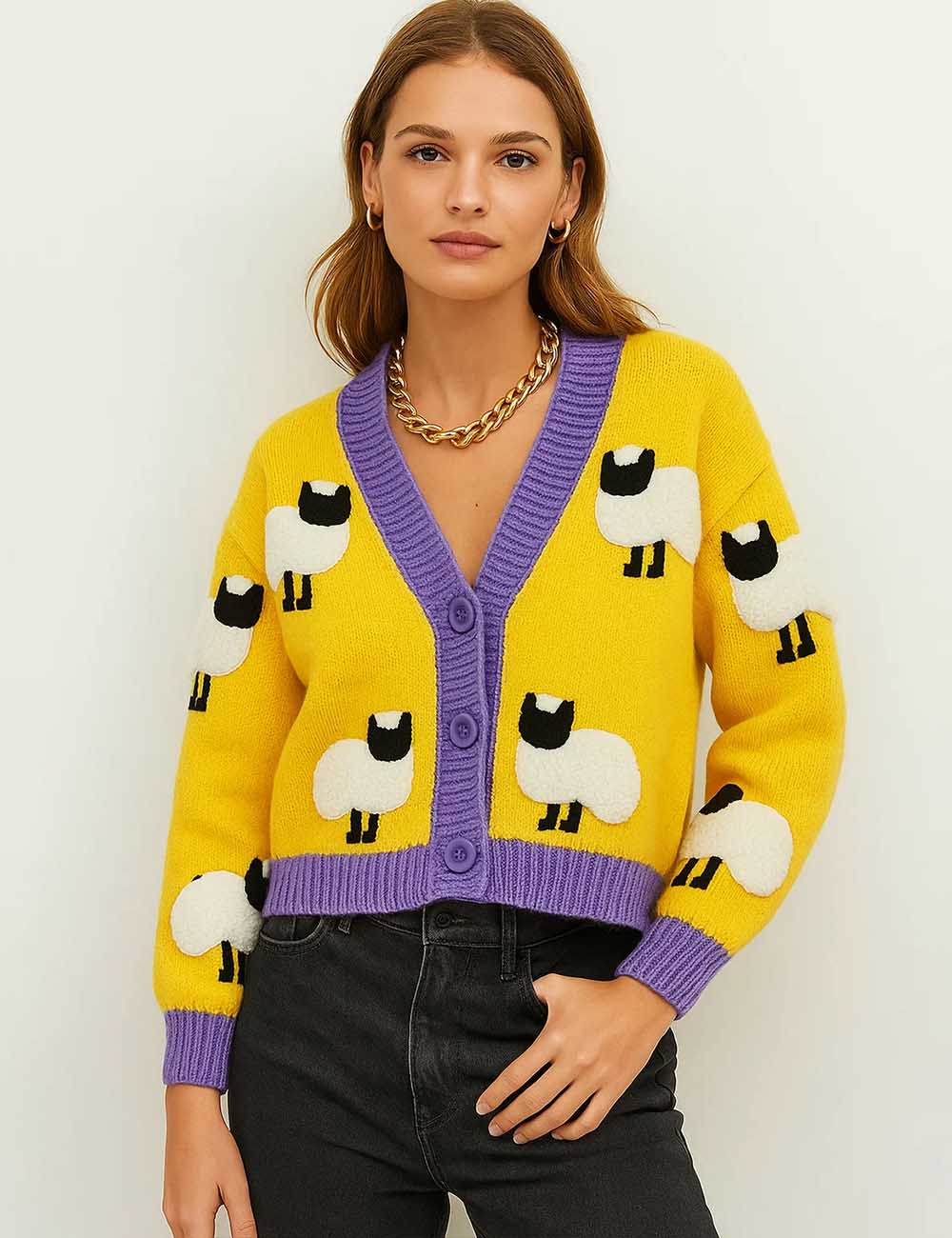 Ladies V-Neck Sheep Pattern Crochet Knit Cardigan