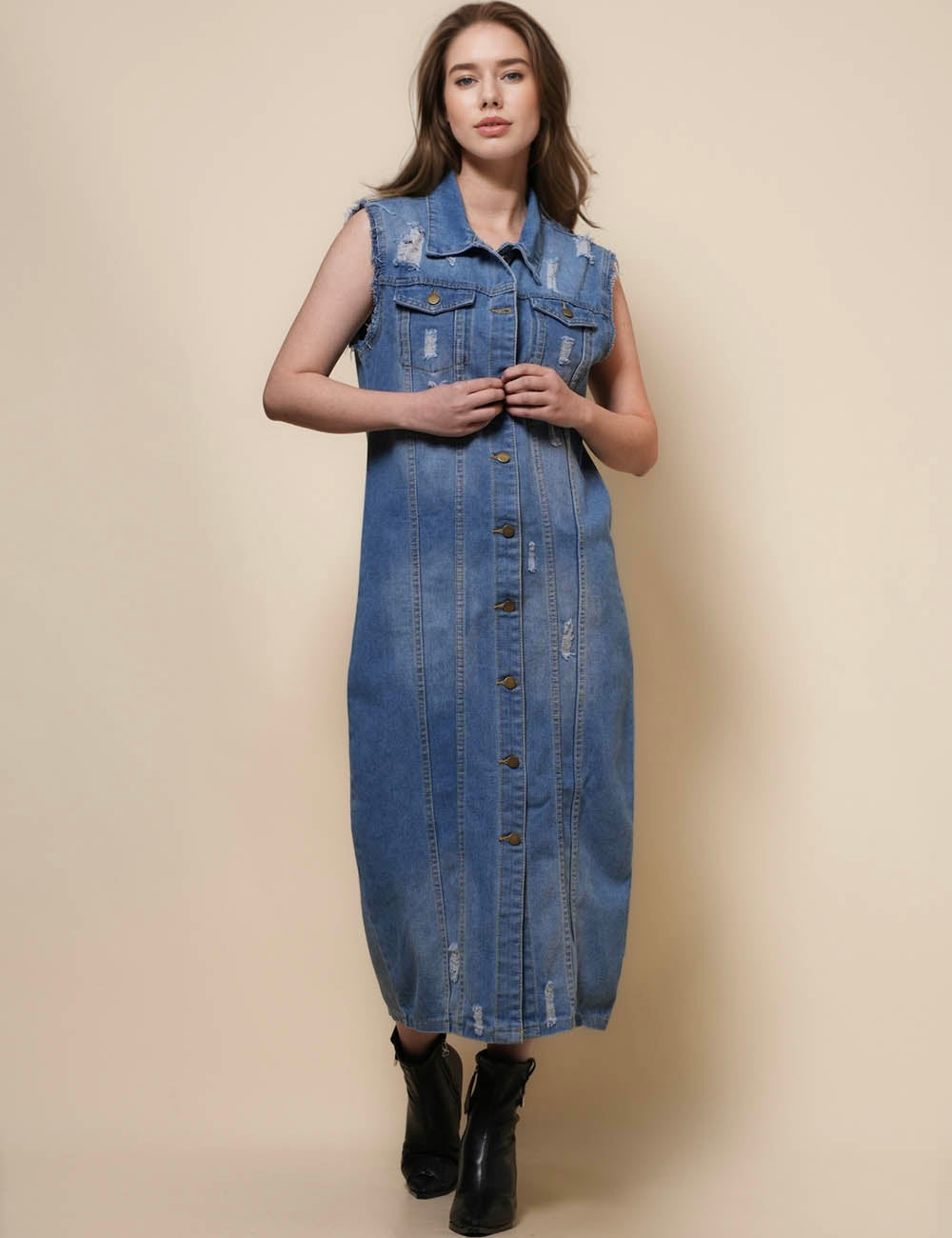 Ladies Sleeveless Botton Open Denim Coats SKT50044