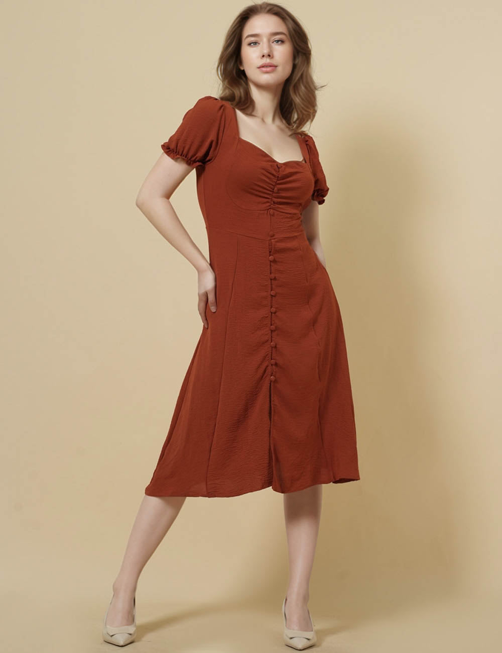 Ladies Square Neck Short Sleeves Buttons Midi Dress SKD51212