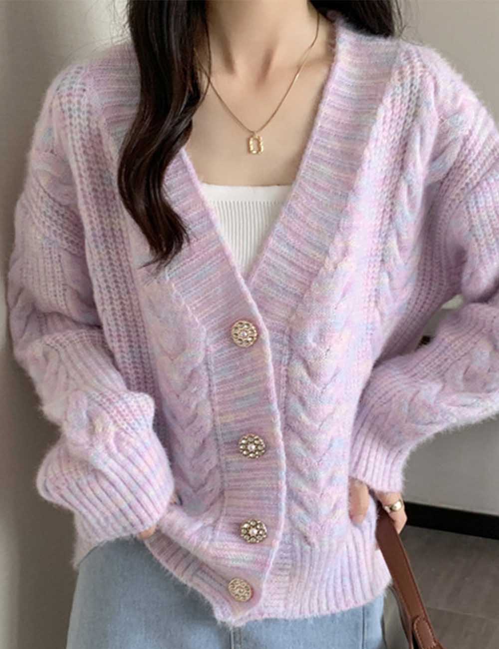 Ladies V-Neck Rainbow Button Long Sleeves Cable Cardigan Sweater
