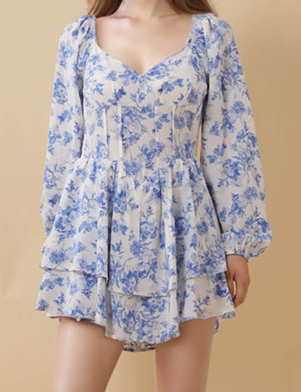 Ladies Floral Print Ruffle Long Sleeves Mini Dress