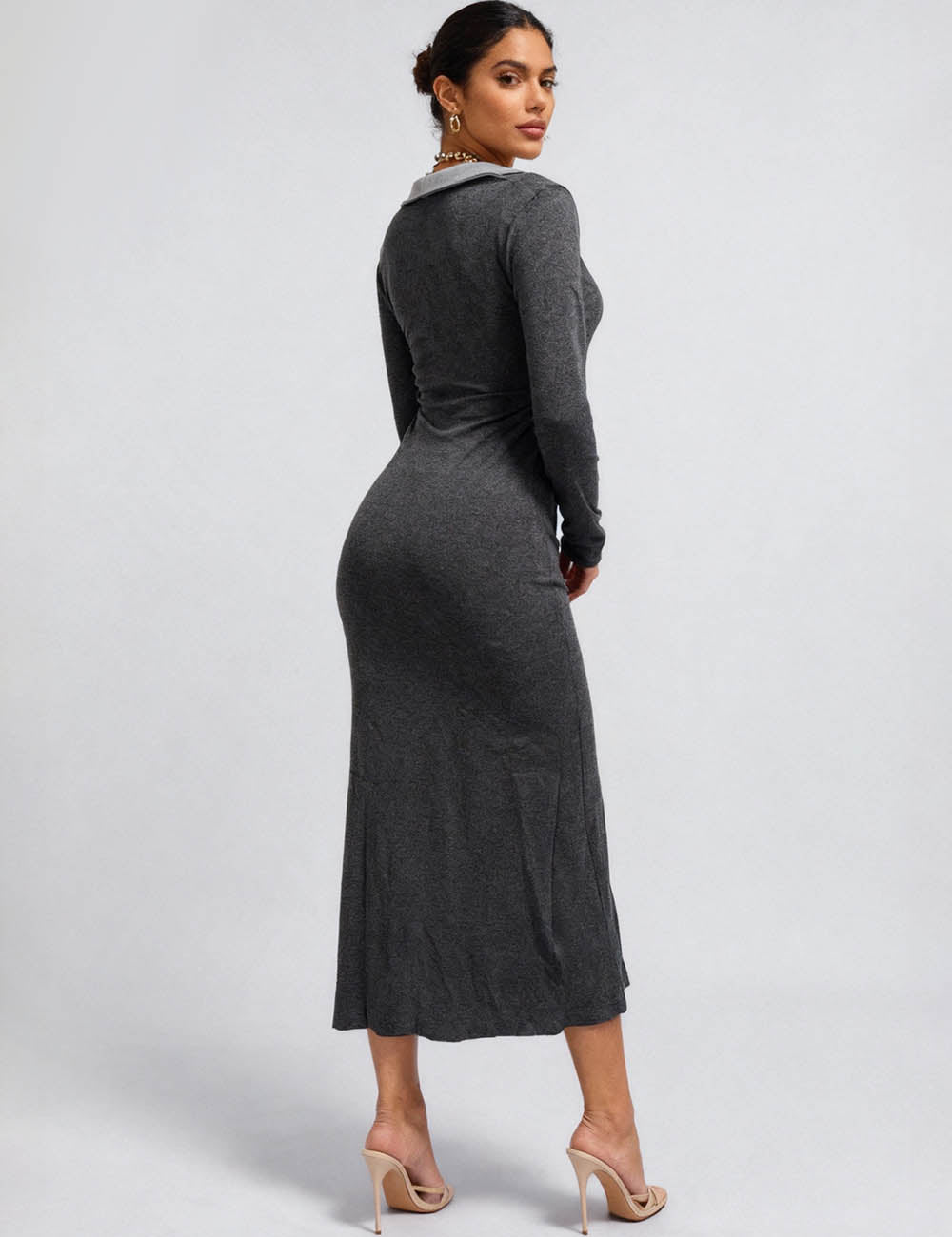 Ladies Color Block Button Hip Wrap Bodycon Knit Midi Dress