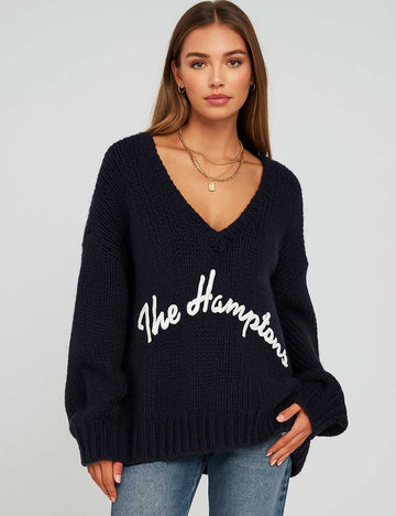 Ladies Letter Pattern Color Block V-Neck Sweater Top