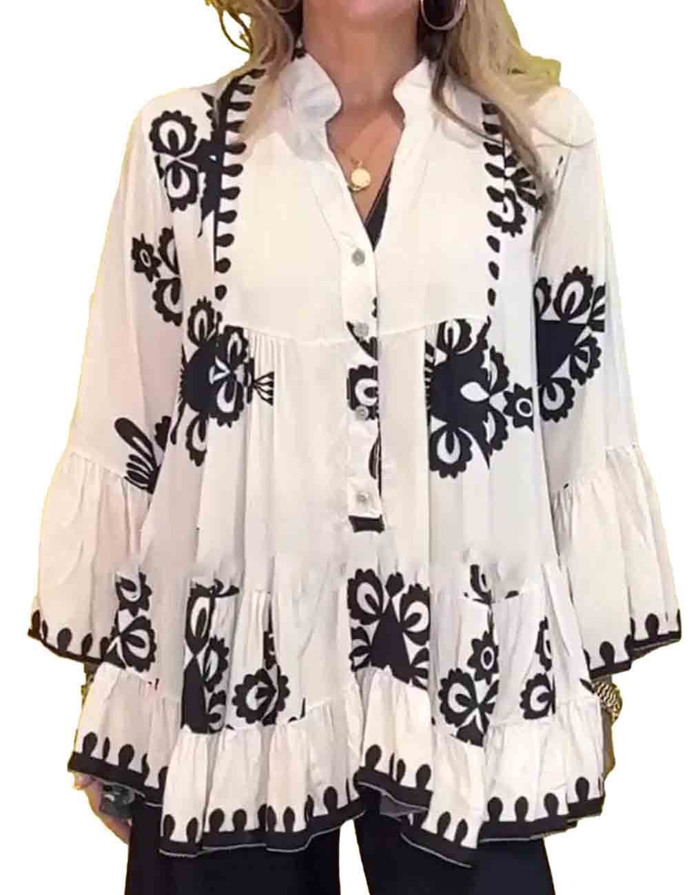 Ladies Tiered Printed Notched Long Sleeve Blouse