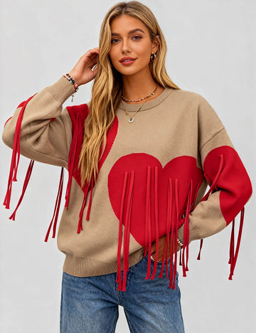 Ladies Valentine‘s Heart Pattern Round Neck Tassel Sweater