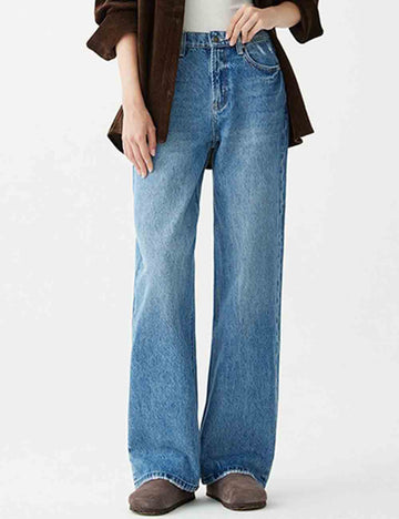 Ladies Button Pocket Straight Leg Denim Pants