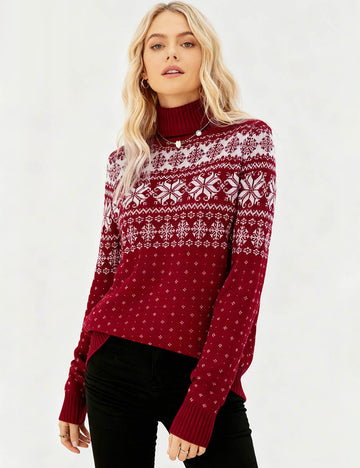 Ladies Christmas 2025 Snowflake Festive Turtle Neck Sweater