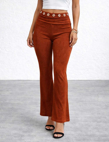 Ladies Chic Elastic Waist Flared Leg Metal Eyelet Pants