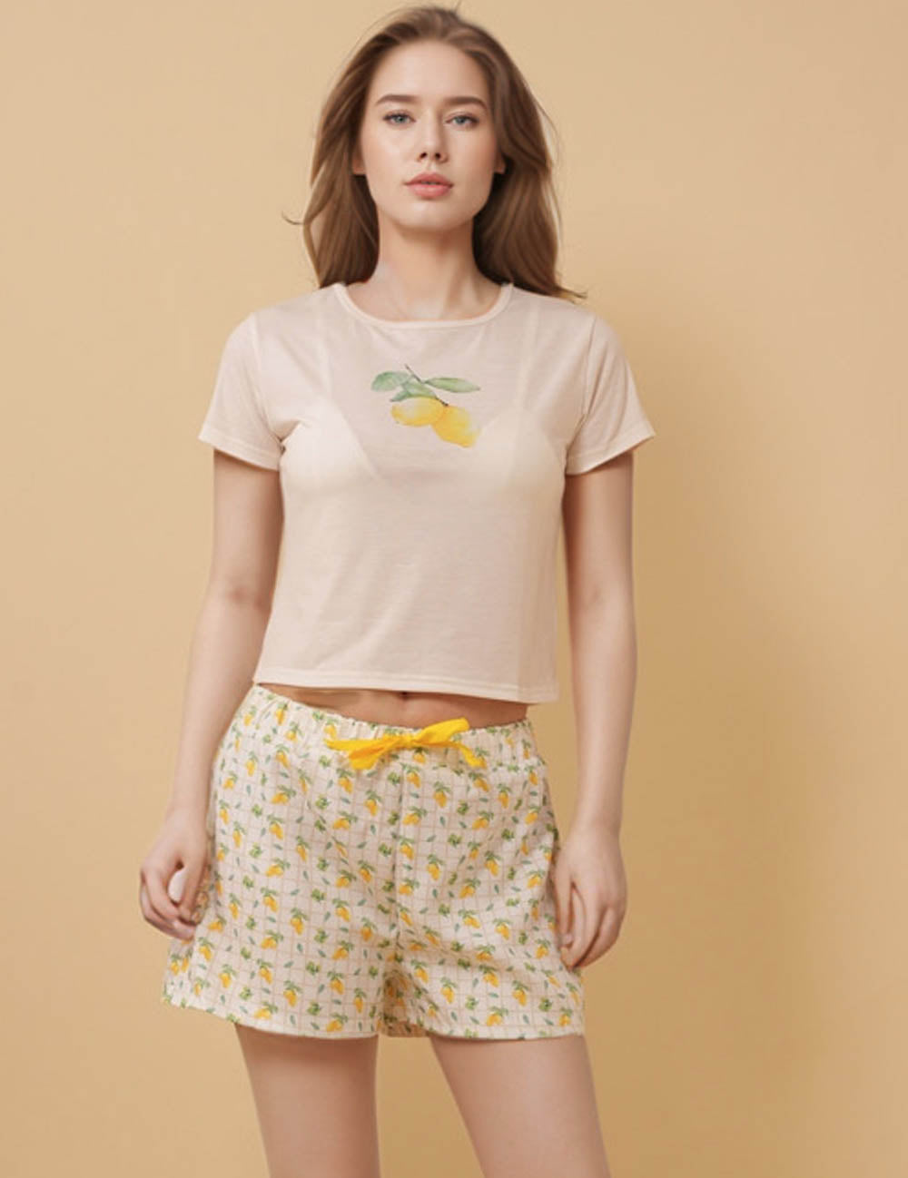 Ladies Round Neck Bow Print Top Shorts 2PCS Set 8SKST50505