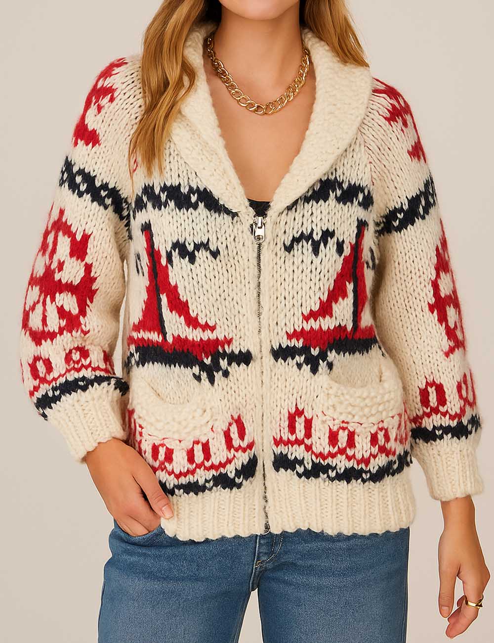 Ladies Chunky Knit Shawl Collar Zipper Front Cardigan