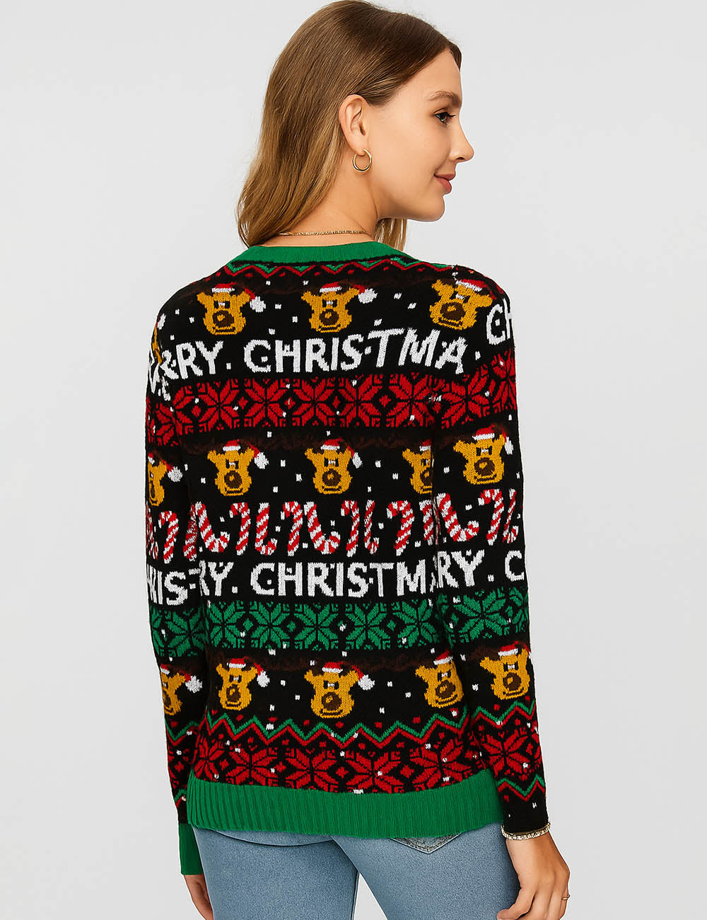 Ladies Christmas 2025 Reindeer Round Neck Holiday Sweater