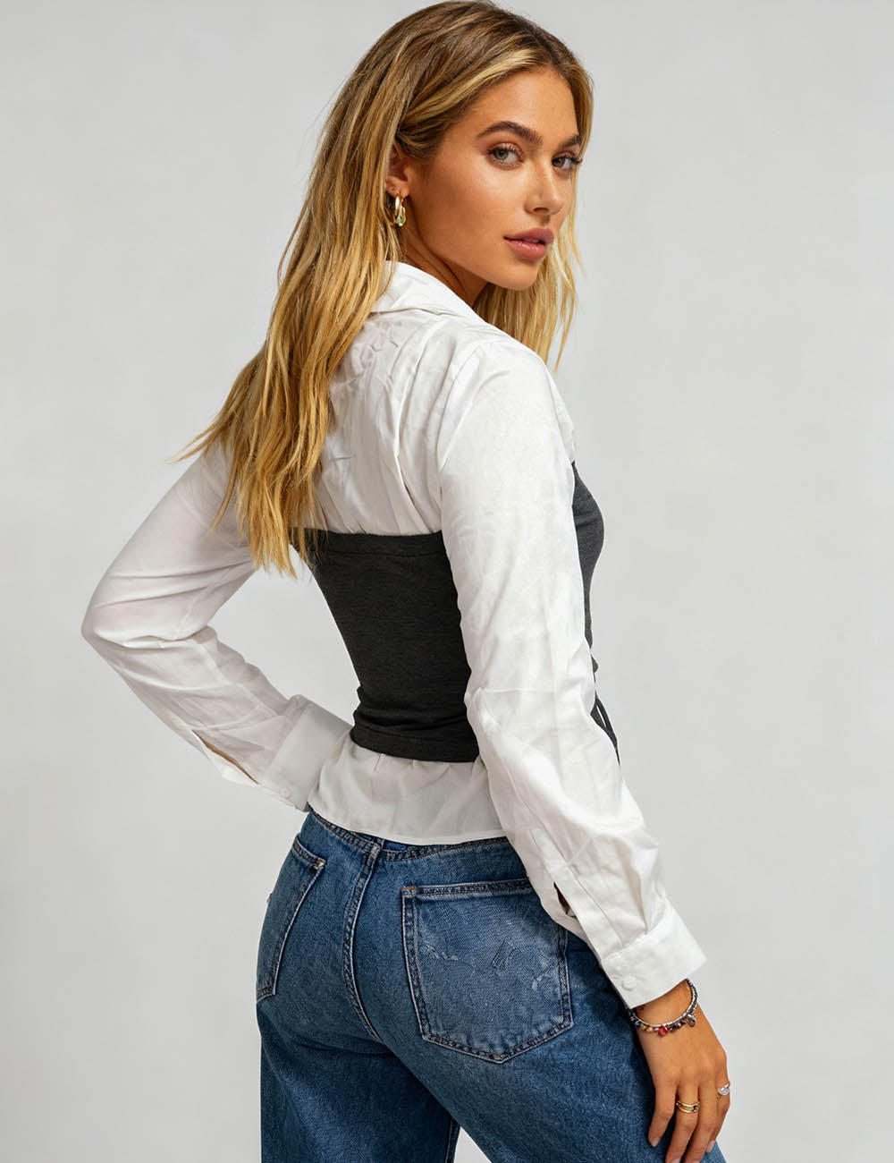 Ladies Turn Down Collar Side Ruched Faux 2PCS Shirt