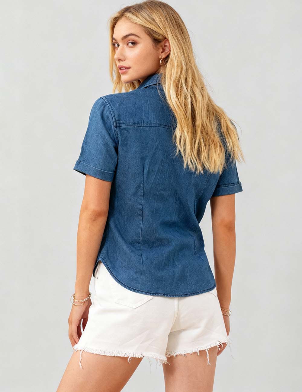 Ladies Turndown Collar Button Short Sleeves Denim Shirt
