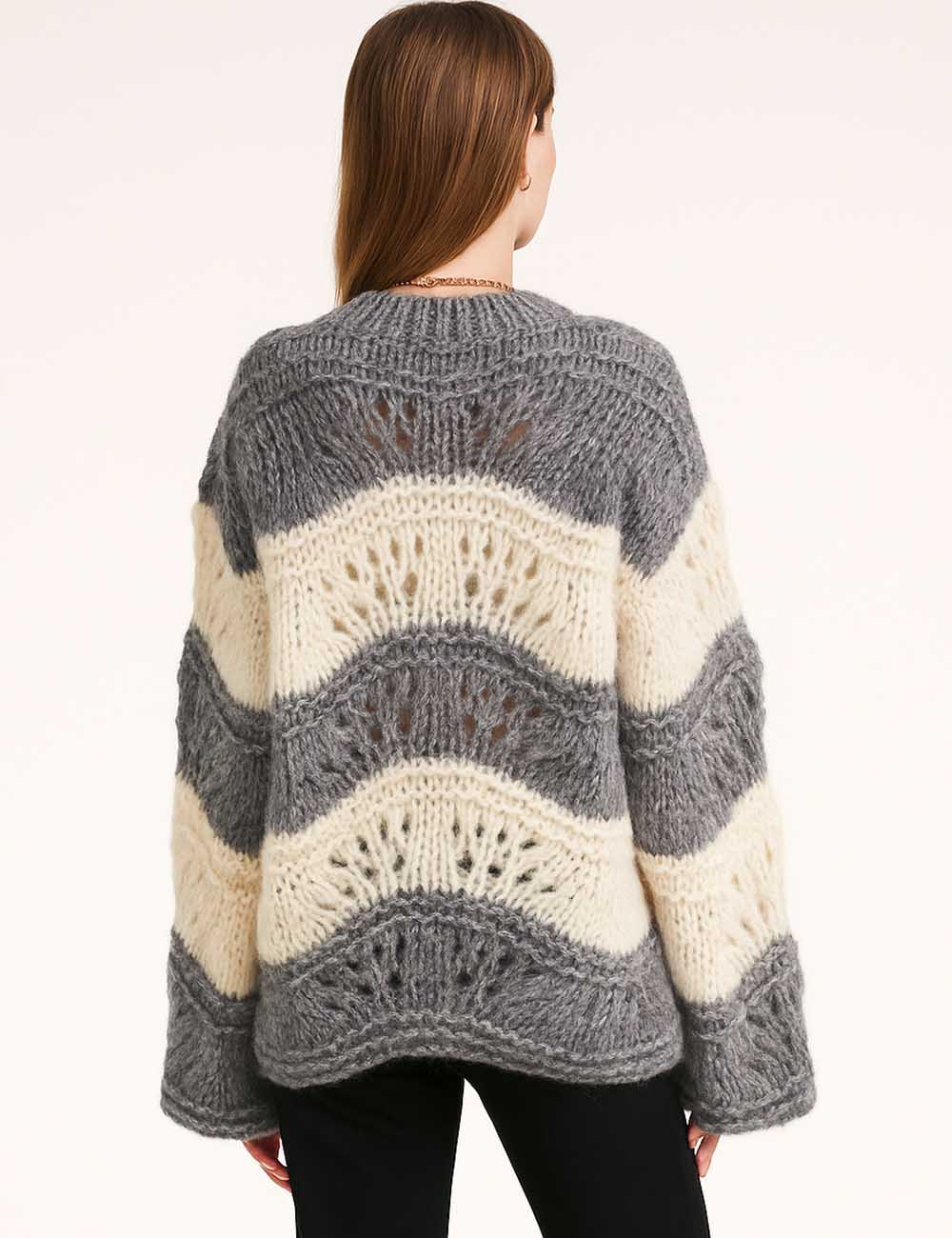 Ladies Chunky Knit Wave Striped Round Neck Sweater Top