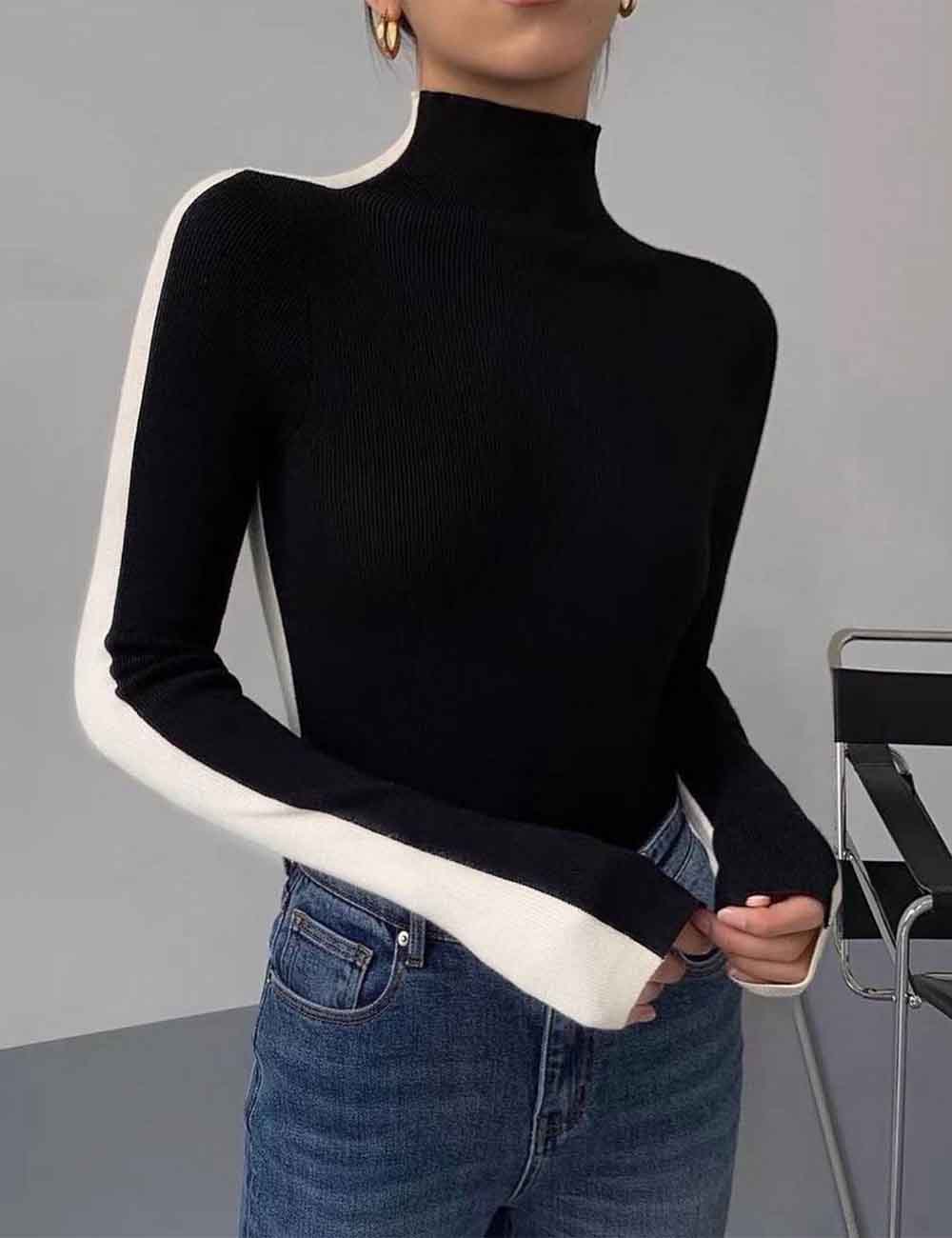 Ladies Color Block Turtleneck Long Sleeves Knit Layering Top  