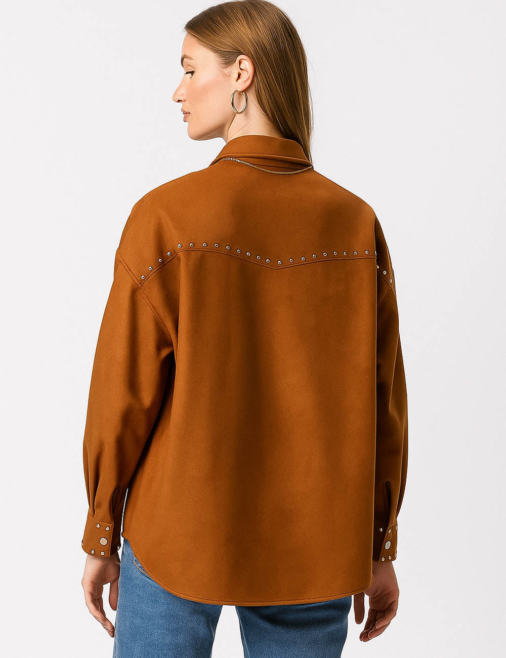 Ladies Faux Suede Metal Stud Trim Shirt Collar Jacket