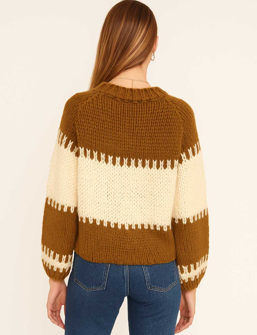 Ladies Chunky Knit Striped Balloon Sleeves Sweater Top