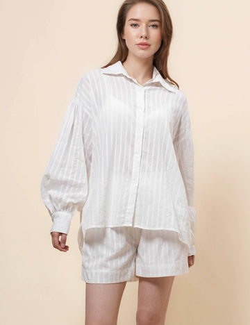 Ladies Stripe Long Sleeves Shirt with Shorts 2PCS Set TZ8866A