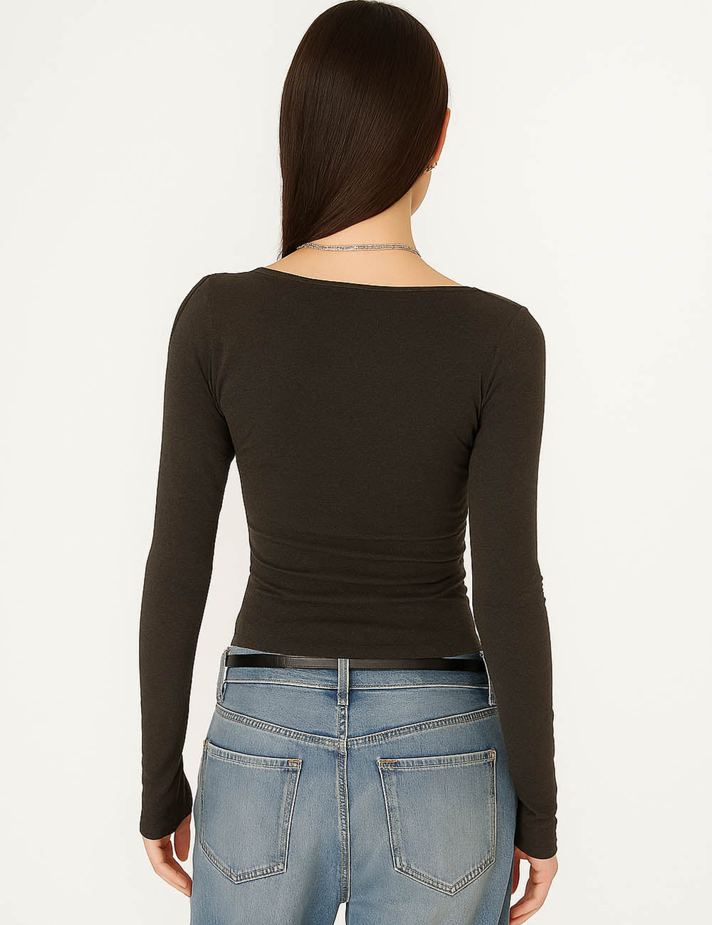 Ladies Solid Color Ruched Layer Cutout Long Sleeves Top