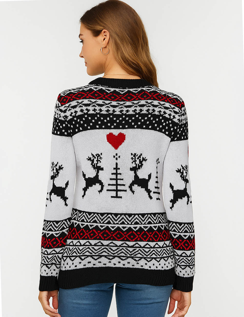 Ladies Reindeer Heart Christmas Pattern Knit Sweater