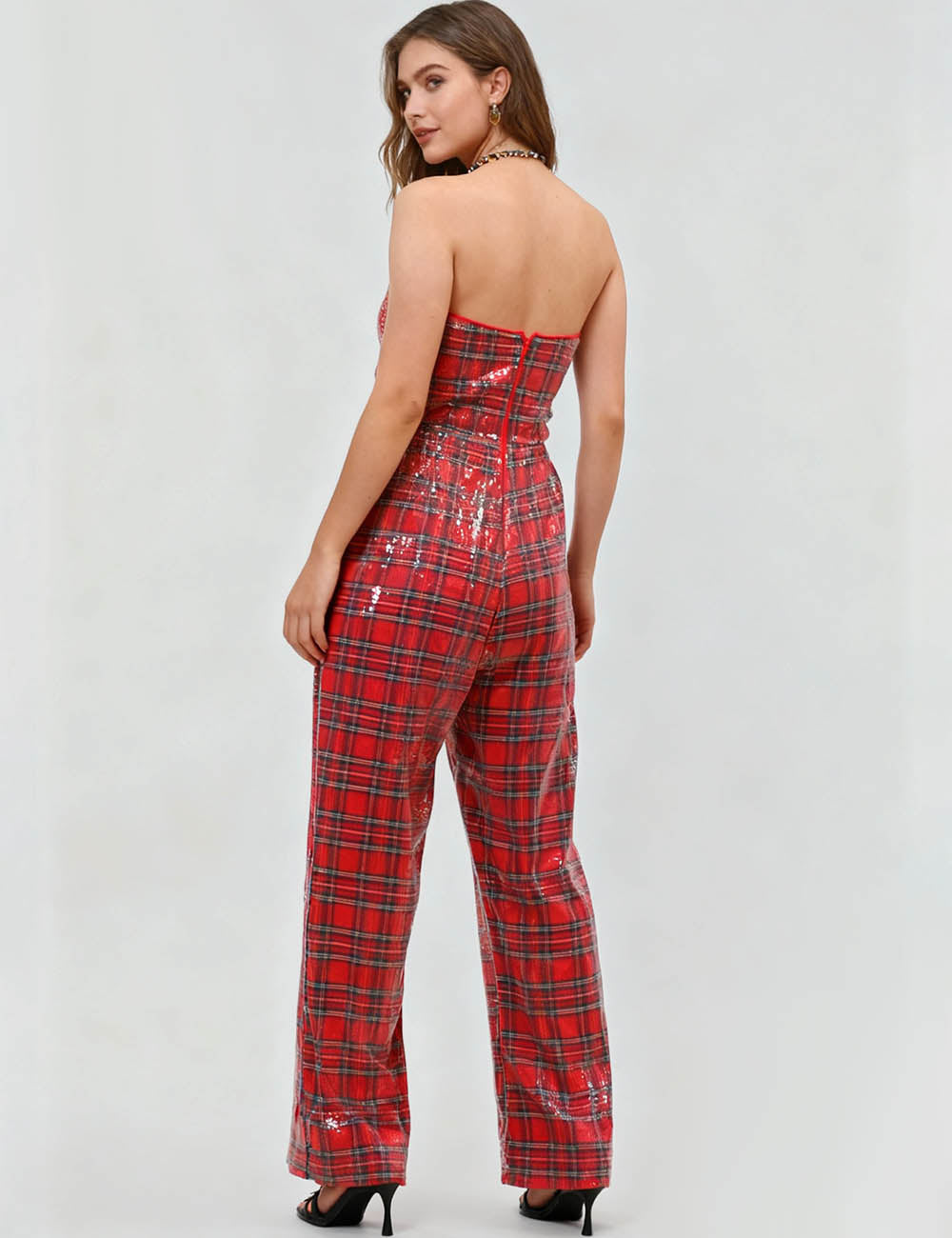 Ladies Christmas Sequin Plaid Jumpsuit Bowknot Overall SKJ4920