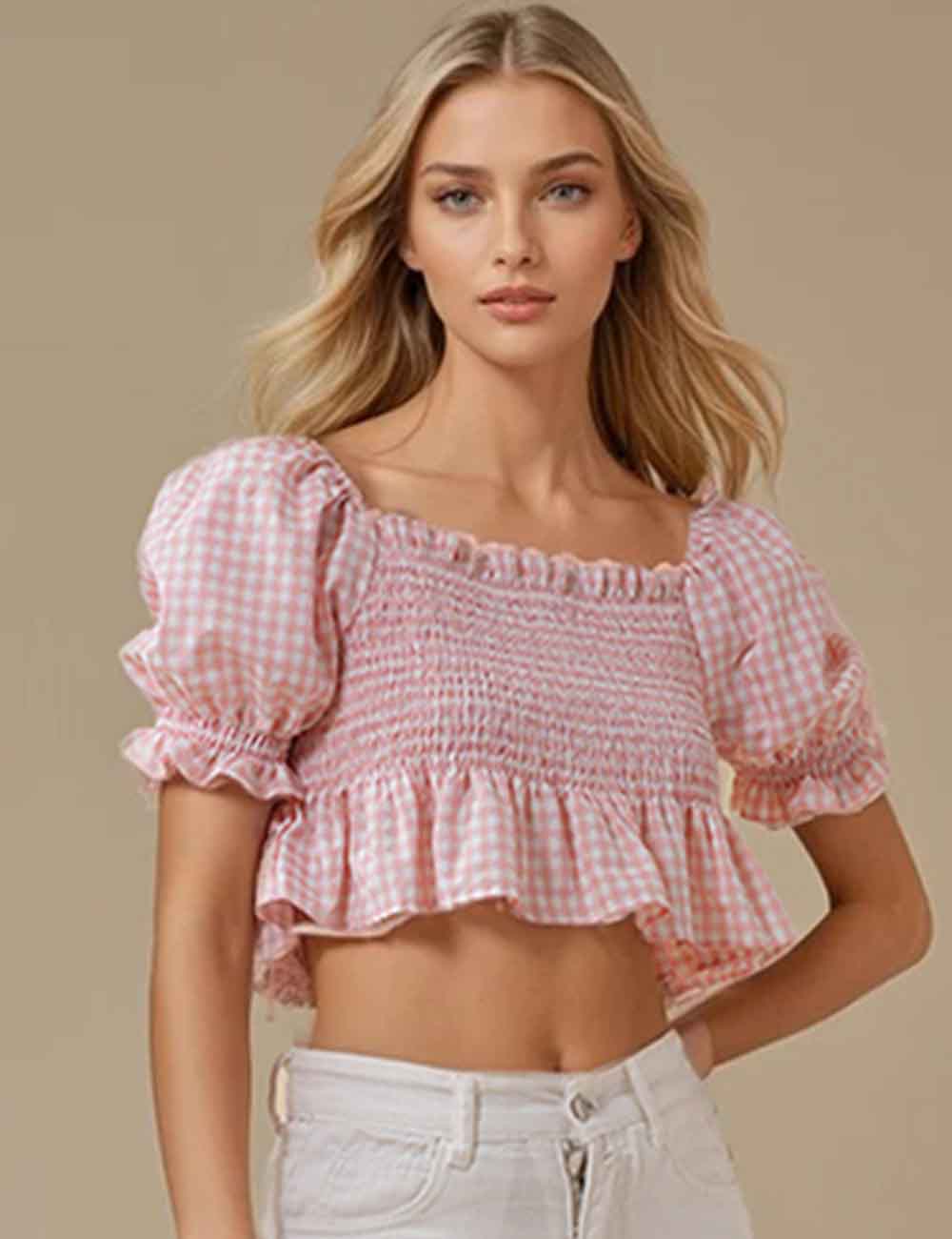 Ladies Square Neck Checked Ruffle Short Sleeves Cropped Top