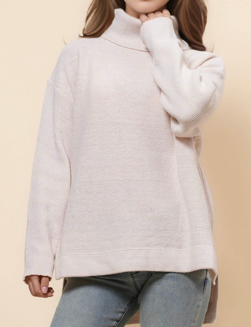 Ladies High Neck Solid Color Pullover Sweater SKT41095